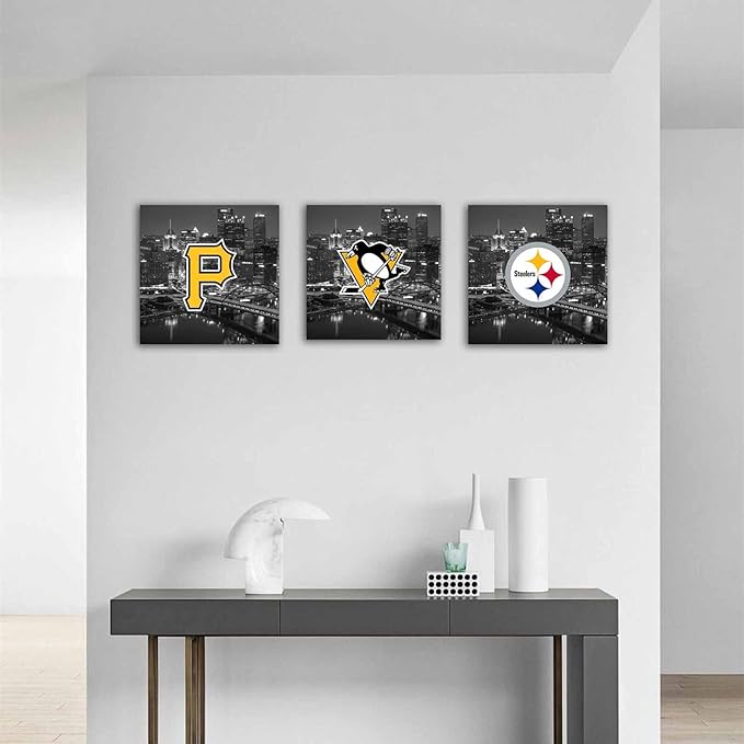 Pittsburgh City Sports Team Canvas Wall Art Steelers Poster American Football Hockey Baseball Wall Decoration Artwork Collection Gift Framed X3pcs (Framed x3p,Framed 8" x 8")