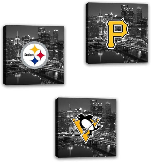 Pittsburgh City Sports Team Canvas Wall Art Steelers Poster American Football Hockey Baseball Wall Decoration Artwork Collection Gift Framed X3pcs (Framed x3p,Framed 8" x 8")