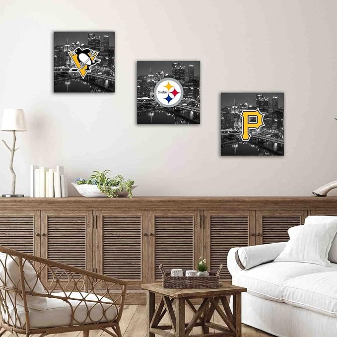 Pittsburgh City Sports Team Canvas Wall Art Steelers Poster American Football Hockey Baseball Wall Decoration Artwork Collection Gift Framed X3pcs (Framed x3p,Framed 8" x 8")