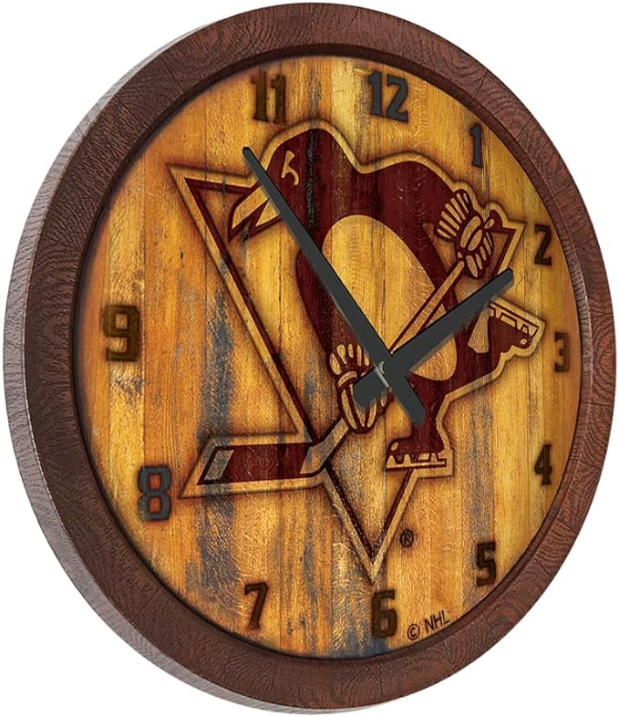 The Fan-Brand NHL Pittsburgh Penguins: Branded Faux Barrel Top Wall Clock - Sports Team Bar Sign Décor - Home Man Cave, Party Decoration - Made On Demand
