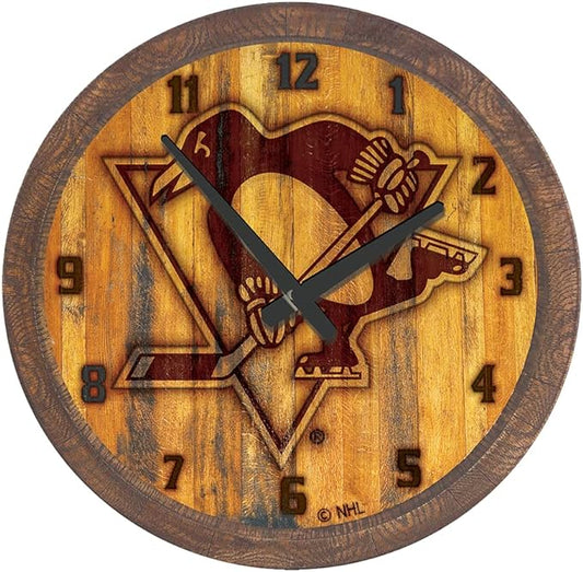 The Fan-Brand NHL Pittsburgh Penguins: Branded Faux Barrel Top Wall Clock - Sports Team Bar Sign Décor - Home Man Cave, Party Decoration - Made On Demand