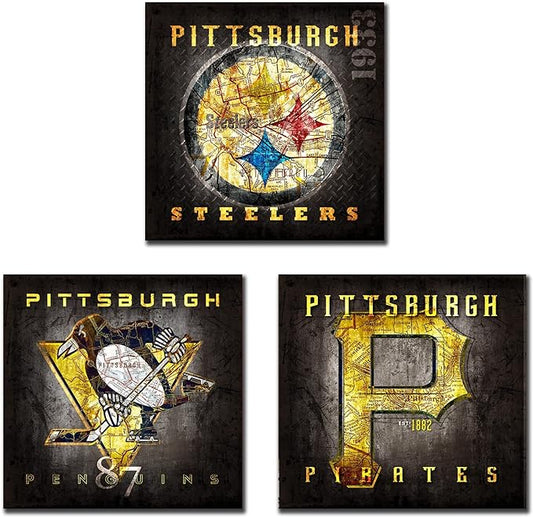 Pittsburgh City Sports Team Poster Sports Vintage Map Canvas Wall Art Print Artwork Home Decor Gift Large Frame Ready to Hang 3 Pieces (A,8x8inch-Framed-3pcs)